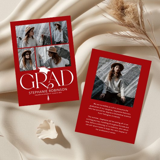 Faire-part Elegant Red & White Photo Collage Graduation