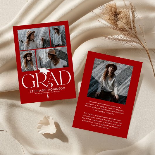 Faire-part Elegant Red & White Photo Collage Graduation
