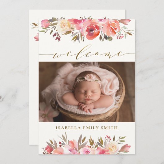 Faire-part Elégant Rose d'aquarelle Script Calligraphie Naiss (Devant / Derrière)