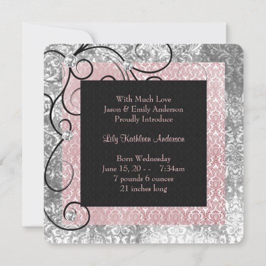Faire-part Elégant rose et noir bébé fille photo naissance (Dos)