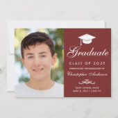 Faire-part Élégant Rouge blanc Script photo Graduation (Devant)