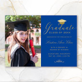 Faire-part Élégant Royal Blue Gold Script Photo Graduation