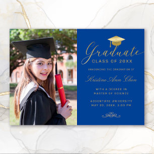 Faire-part Élégant Royal Blue Gold Script Photo Graduation