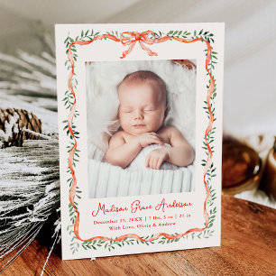 Faire-part Élégant ruban rouge et crème verte photo naissance