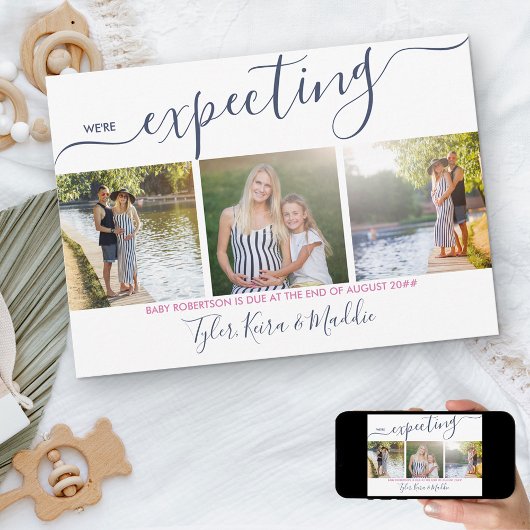 Faire-part Élégant Script 3 Carré Photo Marine Grossesse rose