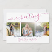 Faire-part Élégant Script 3 Carré Photo Rose Marine Grossesse (Devant)