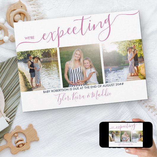 Faire-part Élégant Script 3 Carré Photo Rose Marine Grossesse