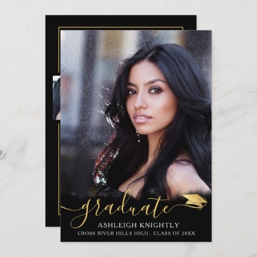 Faire-part Élégant Script Black Gold 4 Photo Graduation (Devant / Derrière)