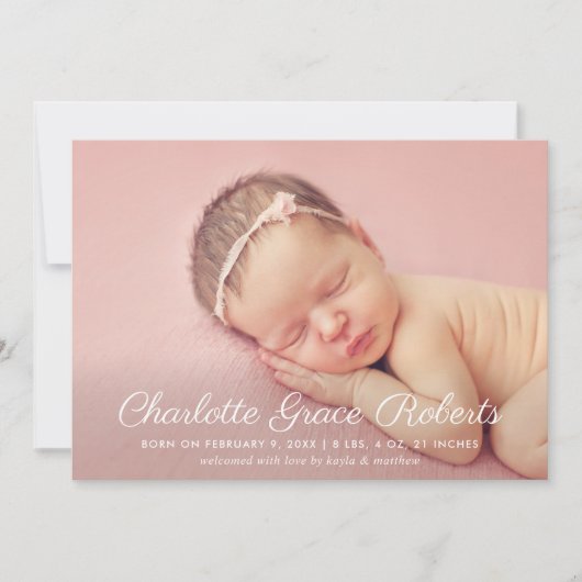 Faire-part Élégant script blanc bébé fille photo Blush naissa (Devant)