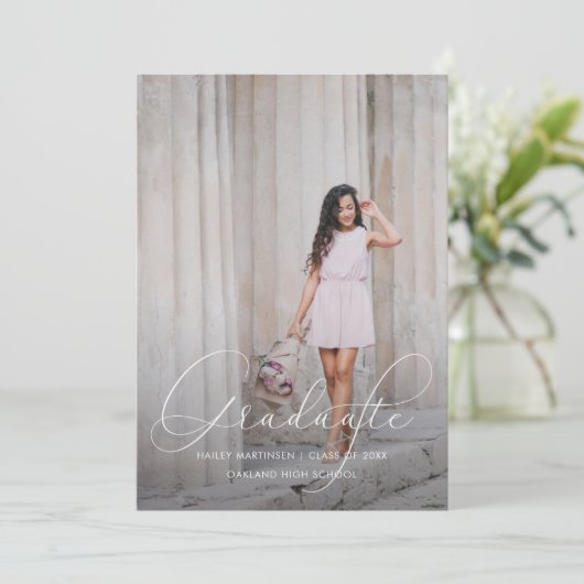 Faire-part Élégant Script Blue Photo Graduation (Debout devant)