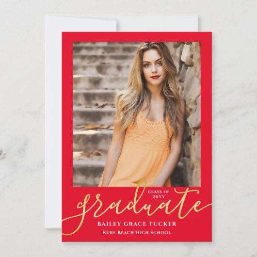 Faire-part Élégant Script Bright Red Gold 2-Photo Graduation (Devant)