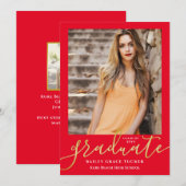 Faire-part Élégant Script Bright Red Gold 2-Photo Graduation (Devant / Derrière)