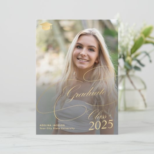Faire-part Élégant script en or 6 photo collage graduation (Debout devant)