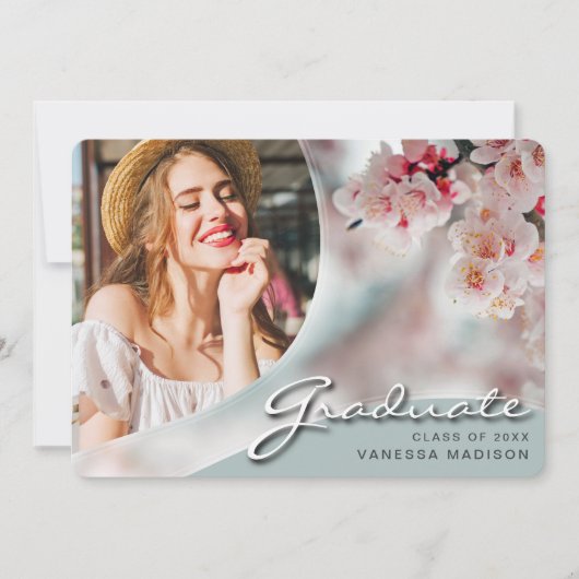 Faire-part Élégant Script Fleurs blanches | Modern Photo Grad (Devant)