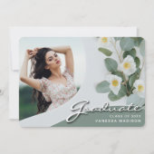 Faire-part Élégant Script Fleurs blanches | Modern Photo Grad (Devant)