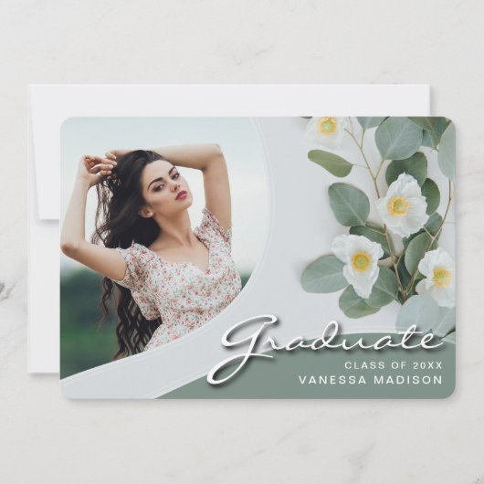 Faire-part Élégant Script Fleurs blanches | Modern Photo Grad (Devant)