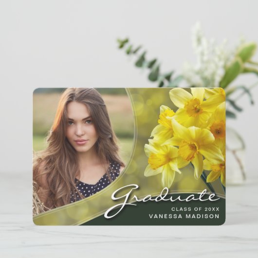Faire-part Élégant Script Fleurs Jaunes | Modern Photo Grad (Debout devant)
