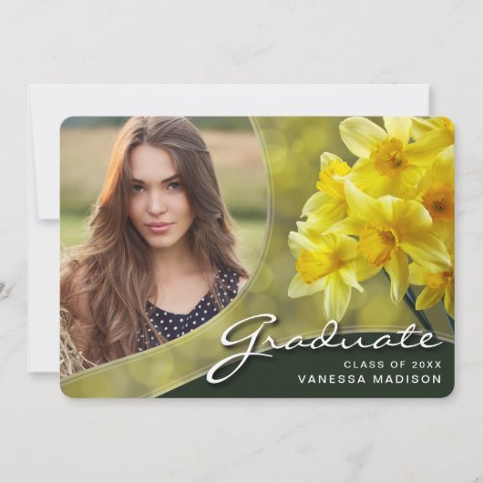 Faire-part Élégant Script Fleurs Jaunes | Modern Photo Grad (Devant)
