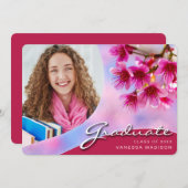 Faire-part Élégant Script Fleurs Roses | Modern Photo Grad (Devant / Derrière)