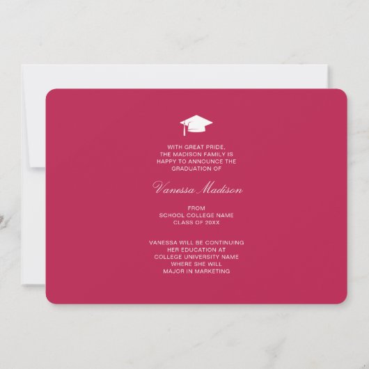 Faire-part Élégant Script Fleurs Roses | Modern Photo Grad (Dos)