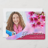 Faire-part Élégant Script Fleurs Roses | Modern Photo Grad (Devant)