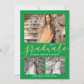 Faire-part Élégant Script Green 3-Photo Collage Graduation (Devant)