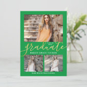Faire-part Élégant Script Green 3-Photo Collage Graduation (Debout devant)