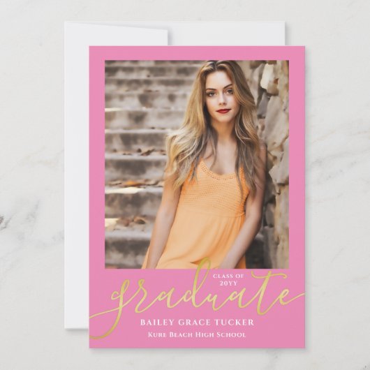 Faire-part Élégant script moderne Girly Pink Photo Graduation (Devant)