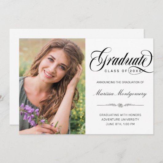 Faire-part Élégant script noir Photo College Graduation (Devant / Derrière)