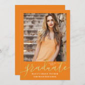 Faire-part Élégant Script Orange Gold 2-Photo Graduation (Devant / Derrière)