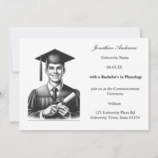 Faire-part Élégant script photo noir blanc Graduation (Devant)