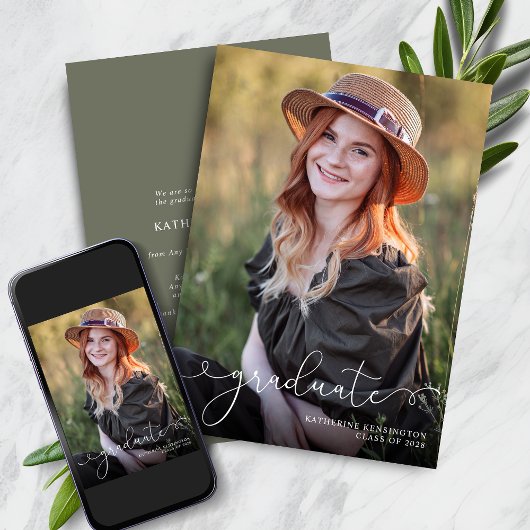 Faire-part Élégant Script Photo Sage Green Graduation