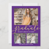 Faire-part Élégant Script Purple 3-Photo Collage Graduation (Devant)