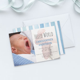 Faire-part Élégant Script Welcome Baby boy Photo Blue Birth