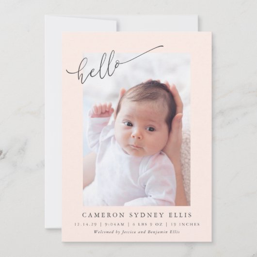 Faire-part Elegant Simple Minimalist Hello Blush Photo Birth (Devant)