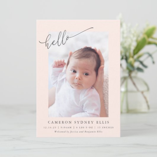 Faire-part Elegant Simple Minimalist Hello Blush Photo Birth (Debout devant)