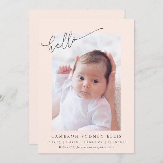 Faire-part Elegant Simple Minimalist Hello Blush Photo Birth (Devant / Derrière)