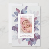 Faire-part Elégante aquarelle violet florale feuille naissanc (Devant)