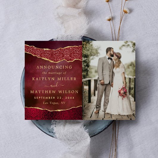 Faire-part Elégante Bourgogne & Or Agate Mariage Photo