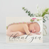 Faire-part Élégante calligraphie Merci photo pleine naissance (Debout devant)