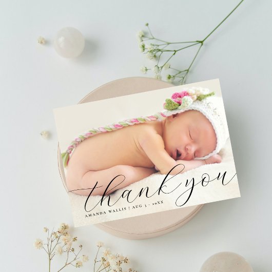 Faire-part Élégante calligraphie Merci photo pleine naissance