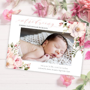 Faire-part Élégante calligraphie rose Floral Baby Photo Naiss