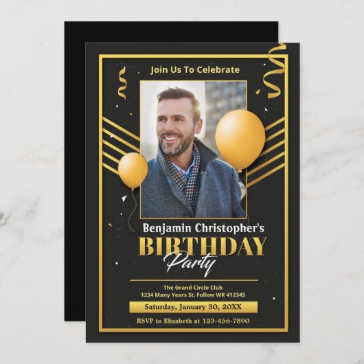 Faire-part Élégante fête moderne d'anniversaire Black Gold Ph (Devant / Derrière)