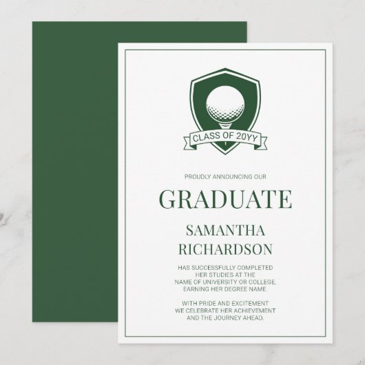 Faire-part Élégante graduation de golf vert et blanc moderne (Devant / Derrière)
