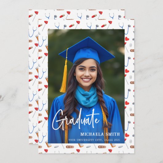 Faire-part Élégante infirmière manuscrite Script photo Gradua (Devant / Derrière)