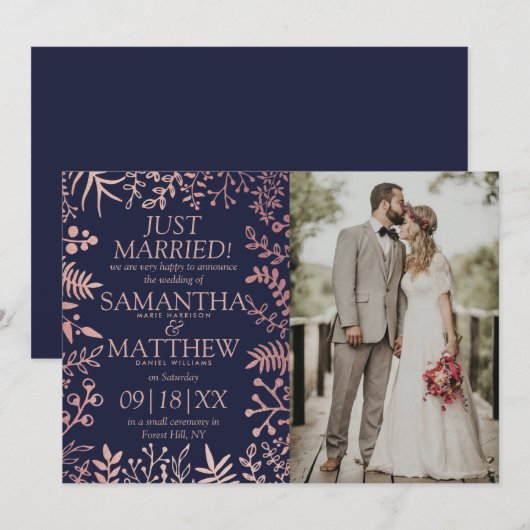 Faire-part Elégante Marine & Rose Gold Floral Mariage Photo (Devant / Derrière)