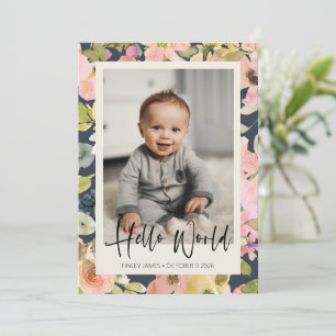 Faire-part Élégante Naissance Photo Nouveau-né Floral Navy Vi
