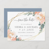 Faire-part Élégante Pêche Or Floral Dusty Blue Enregistrer la (Devant / Derrière)