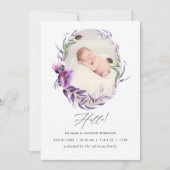 Faire-part Élégante Photo de Bébé Fleur Pourpre (Devant)