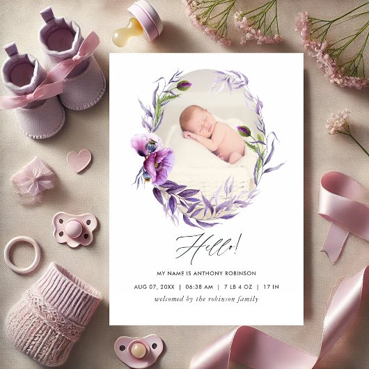 Faire-part Élégante Photo de Bébé Fleur Pourpre